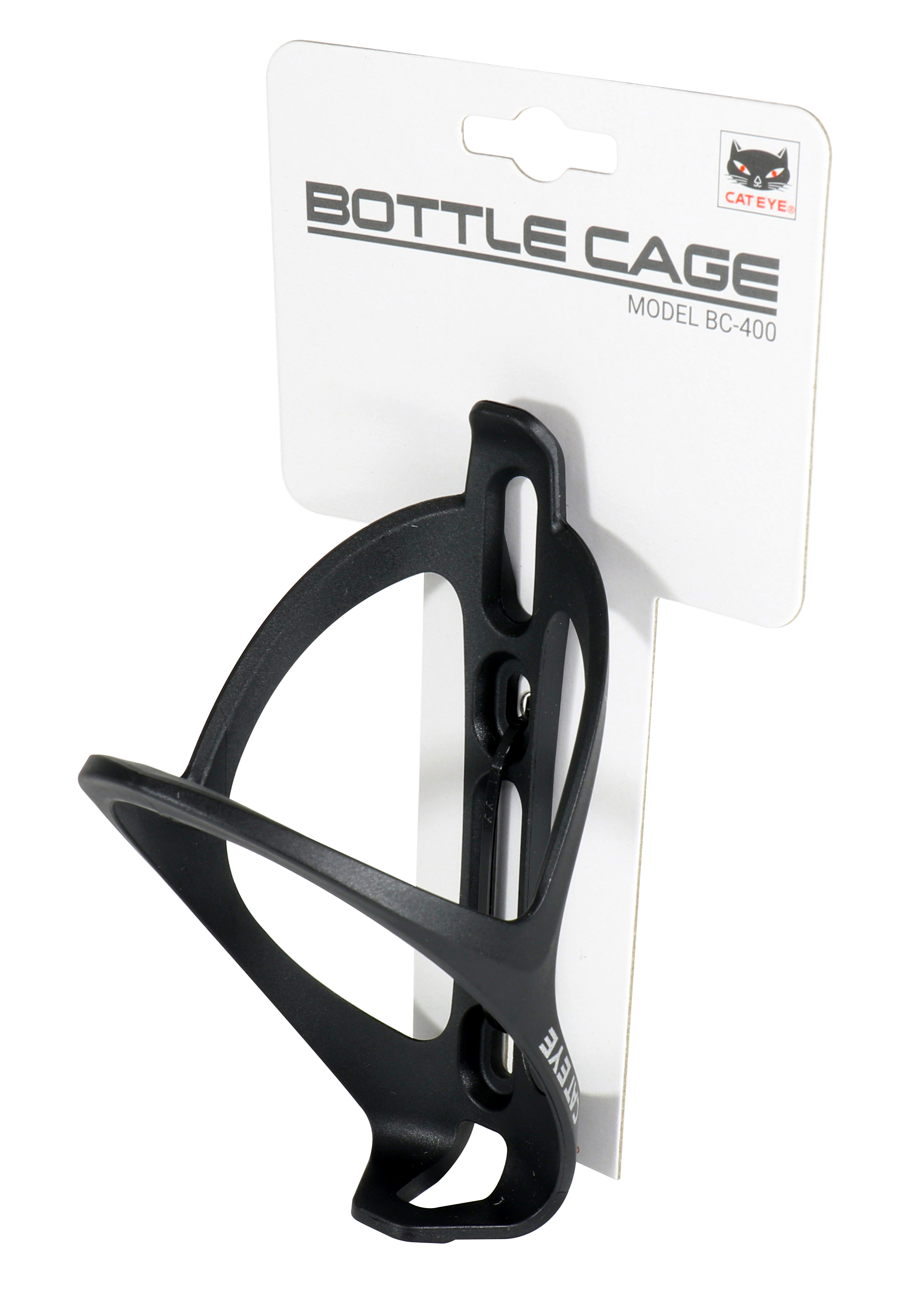 A lightweight, durable CATEYE BC-400 Bottle Cage for bicycles, attached to white packaging featuring the CATEYE logo and "BOTTLE CAGE BC-400" text.