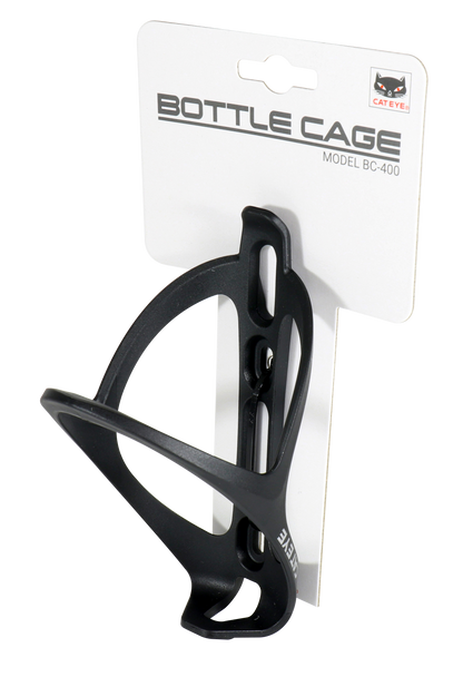 A lightweight, durable CATEYE BC-400 Bottle Cage for bicycles, attached to white packaging featuring the CATEYE logo and "BOTTLE CAGE BC-400" text.
