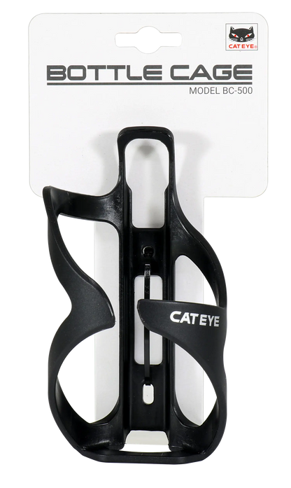 A black CATEYE BC-500 Bottle Cage is mounted on white packaging labeled "BC-500 Bottle Cage," with the CATEYE logo in the top right corner—perfect for bikepacking adventures.