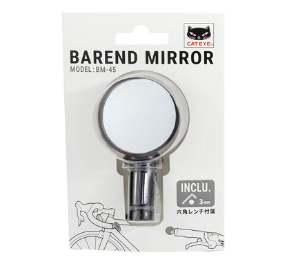 The CATEYE BM-45 Bar End Mirror is a round bicycle bar-end mirror with a metal attachment. The package features a handlebar diagram and states that a 3mm hex wrench is included for installation.