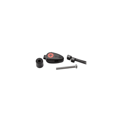 The CATEYE Universal Wheel Magnet set includes black and silver hardware: a screw, plastic washer, two small black metal pieces (one marked with a red cross). Designed for tool-free installation and full compatibility.
