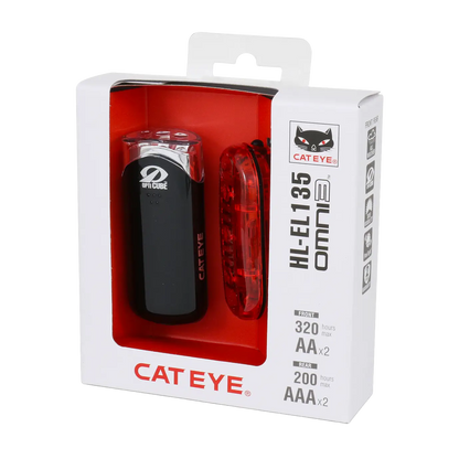 The CATEYE HL-EL135 & OMNI 3 LED bike lights set in retail packaging features OptiCube lens technology, black front and red rear lights with up to 320/200 hours runtime on AAA batteries—ideal commuter safety lights for visibility.
