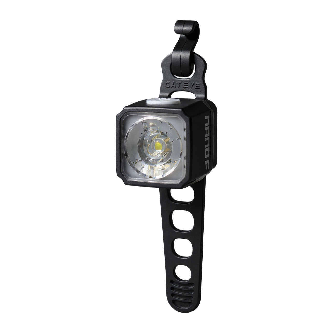 The CATEYE NANO100 F is a compact, square-shaped USB-C rechargeable front bike light with a clear lens and adjustable black rubber mount. CATEYE branding appears on the strap. Ideal as a 100 lumen headlight for cycling safety.
