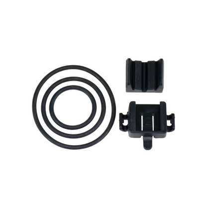 Three black rubber O-rings and two small black plastic mounting clips for the CATEYE NANO60 USB-C rechargeable bike light are arranged on a transparent background, ideal for securing your safety light.
