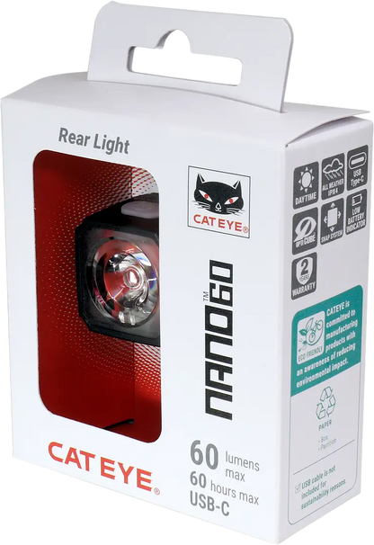 A white box of CATEYE NANO60 rear bike light with a window shows the light. Packaging highlights 60 lumens, daytime visible safety, USB-C charging, up to 60 hours runtime, and a 2-year warranty.