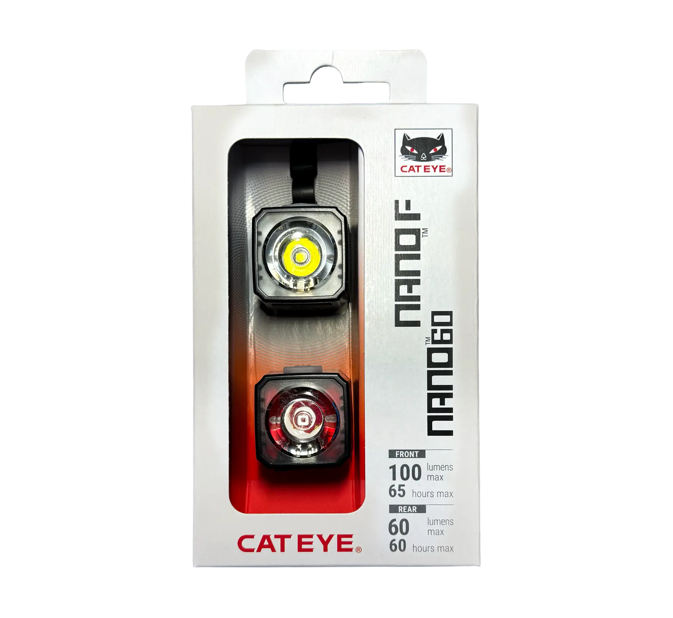 The CATEYE NANO100 F & NANO60 USB-C rechargeable bike light combo features front (white) and rear (red) compact lights in white packaging with a plastic window, highlighting brightness, daytime visibility, and battery life.