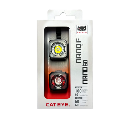 The CATEYE NANO100 F & NANO60 USB-C rechargeable bike light combo features front (white) and rear (red) compact lights in white packaging with a plastic window, highlighting brightness, daytime visibility, and battery life.