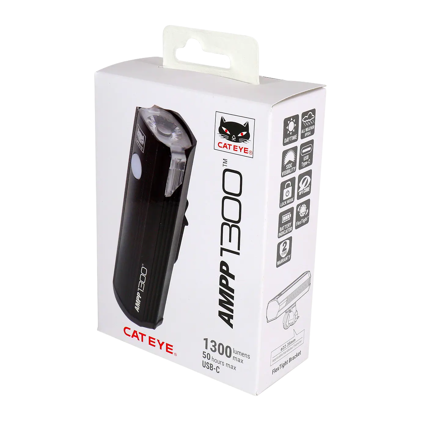 A white CATEYE AMPP1300 retail box displays the cycling headlight image, product specs, OptiCube lens info, plus icons for 1300 lumens brightness, 50-hour runtime, and USB-C charging.