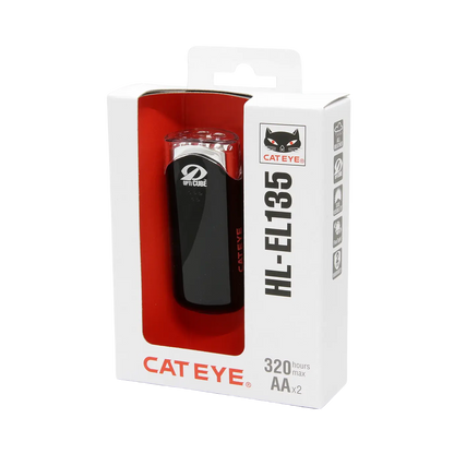A CATEYE HL-EL135N bike light in black, shown in white/red packaging with a clear window. Features an OptiCube lens, up to 320 hours runtime, and runs on two AA batteries—ideal for reliable cycling safety.