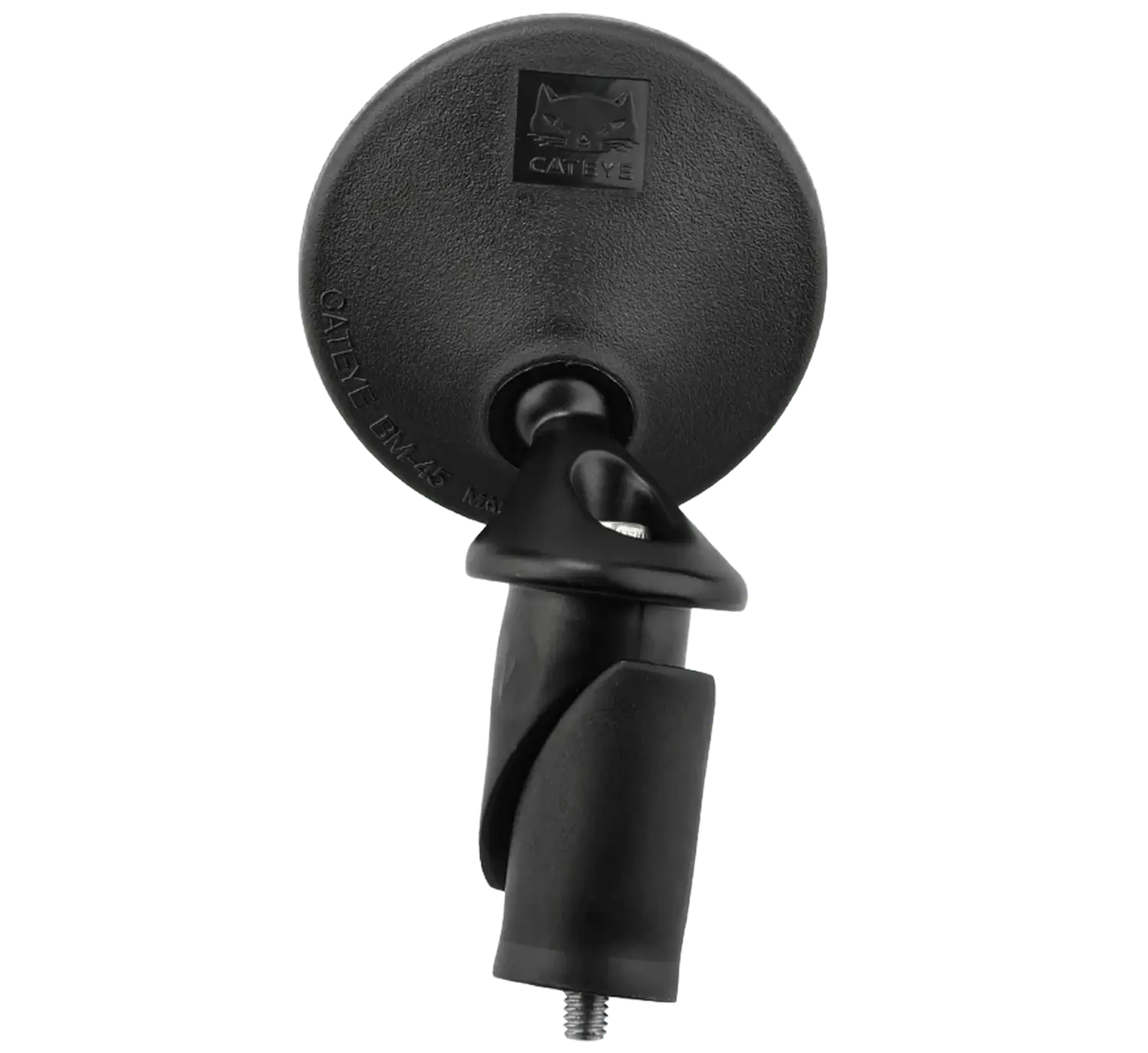A CATEYE BM-45 Bar End Mirror with a black round reflective surface, adjustable arm, and mounting screw is shown against a plain white background.