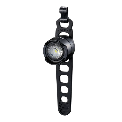The CATEYE ORB Rechargeable is a compact black LED bike safety light with a round lens and adjustable rubber strap for easy bicycle attachment.