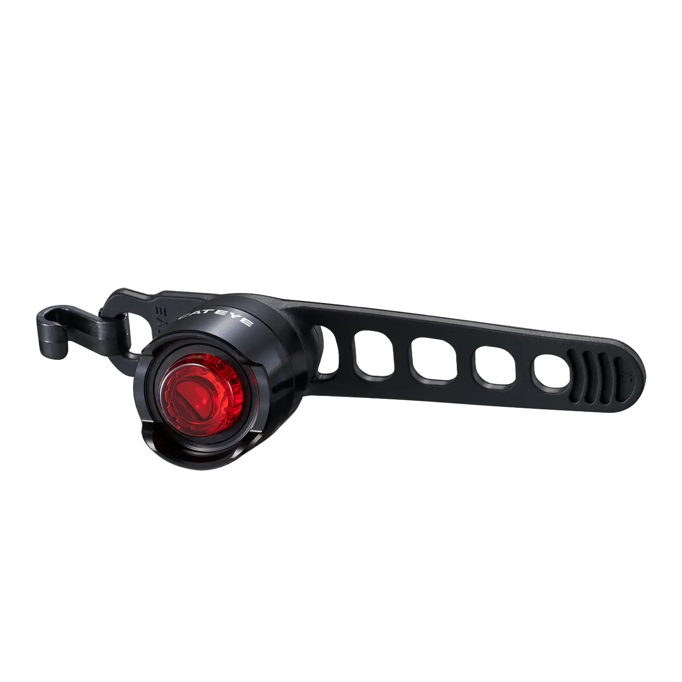 The CATEYE ORB Rechargeable is a compact black LED bike safety light with a red lens and adjustable rubber strap, shown on a white background.